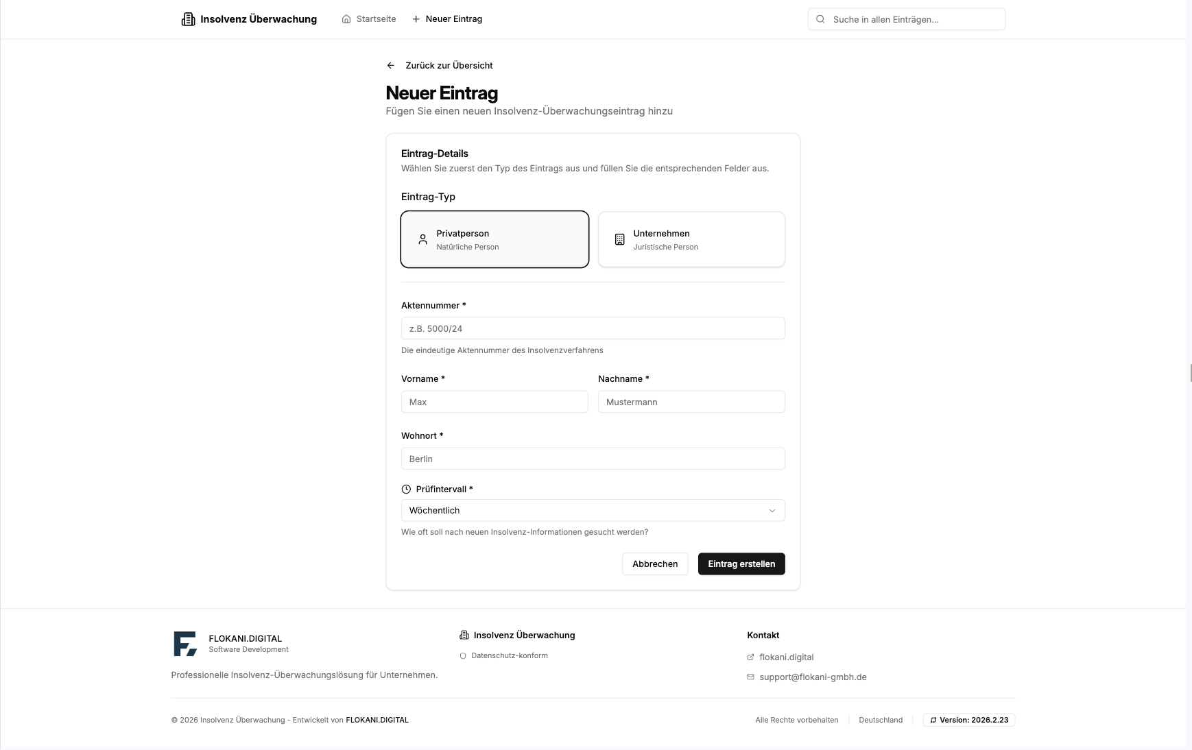 Insolvenz-Überwachung – Neuer Eintrag
